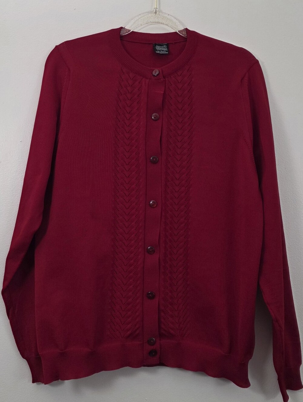 Vintage Eileen Deep Red Pointelle Cardigan Twee Cottagecore Preppy Retro Large